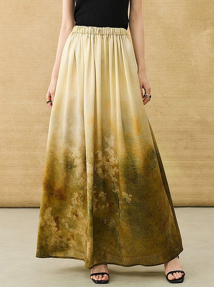 HECO Chinese Gradient Blended Lightweight Summer Print High-Waisted Skirt - AVEL.