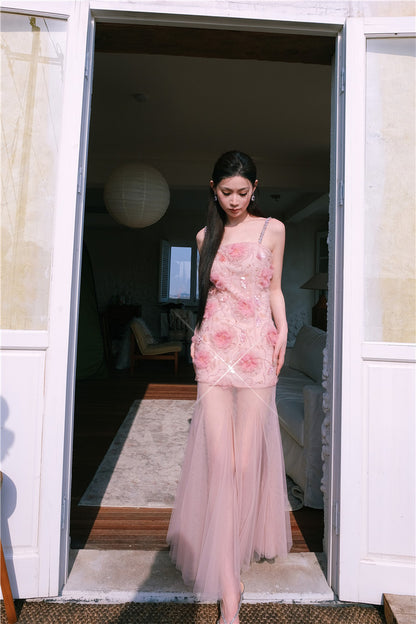 Wardrobes by Chen High End Pink Sleeveless Flower applique Sequin Dress-Bena