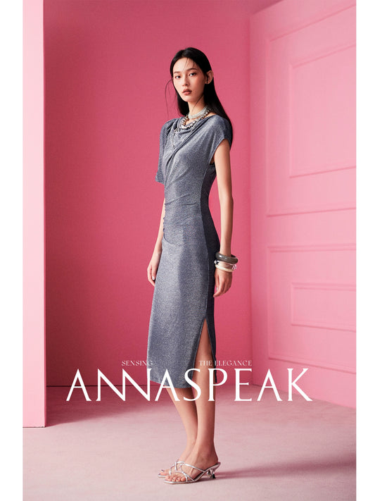 AnnaSpeak Elegant Plain Round Neck Short Sleeve Slim Fit Dinner Dress-Preety