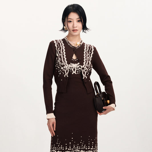FAME  Nail Bead White Three-Dimensional Jacquard Knitted Brown Cardigan - BETTY.