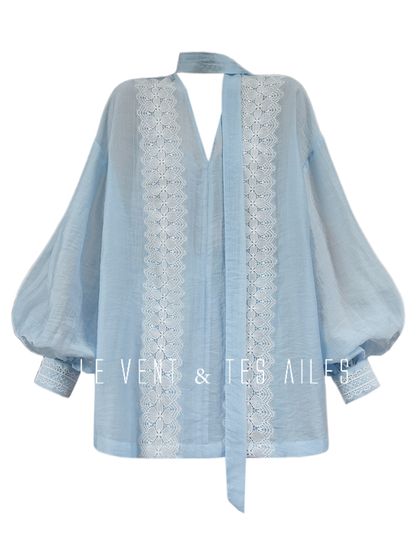 LE VENT&TES AILES pastel blue elegant summer vacation  V-neck shirt skirt set -GWEN