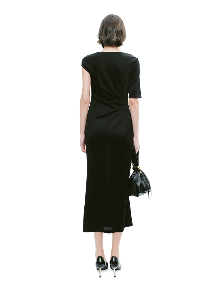 YES BY YESIR | Ye Qians Asymmetric Ribbon-Buckle Knit Dress with Sculpted Silhouette - JASME.RA