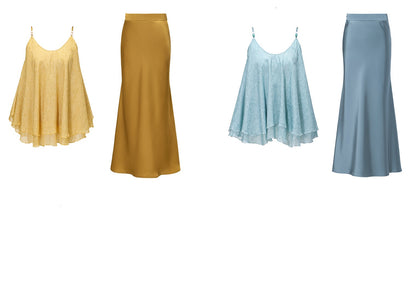 WANGXO | Silky Smooth Double-Sided Satin Top Glass Beaded Umbrella Hem Suspender Skirt Set -ELVA