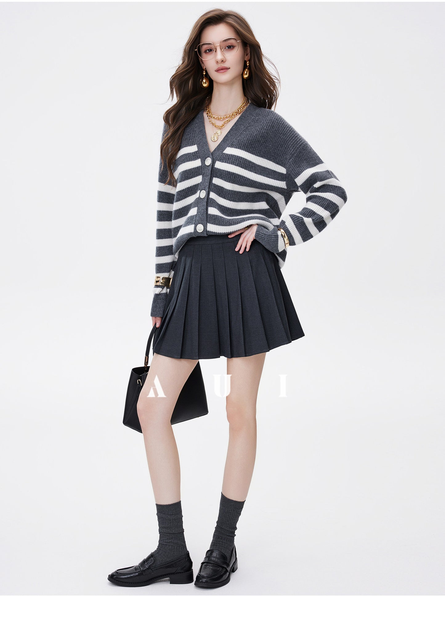 AUI Black Collegiate Age-Reducing Pleated Versatile A-Line Slim Suit Short Skirt - Doh