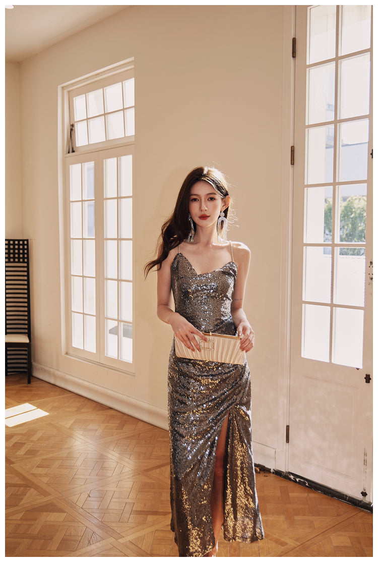 DOLLY High End V-Neck Sleeveless Long Slit Sequin Body Hug Evening Dress-KIM