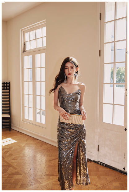 DOLLY High End V-Neck Sleeveless Long Slit Sequin Body Hug Evening Dress-KIM