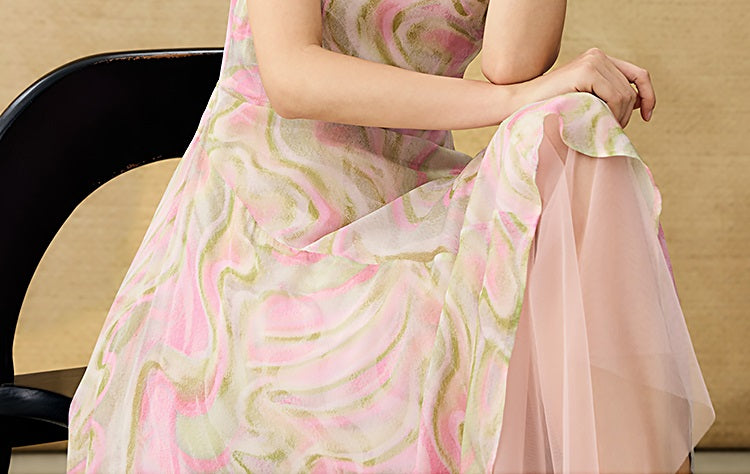 HECO Chinese Style Silk Chiffon Slip Summer Water Ripple Print Long Skirt - PEKKER.