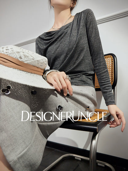 DGU "Ink Realm" gray long-sleeved loose commuting slimming and versatile high-end top - YAN.