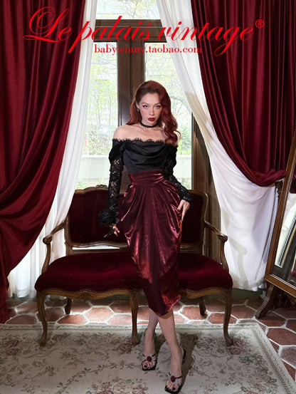 Le Palais Vintage  Red Fishbone Corset High Waisted Flower Bud Pencil Skirt-ALEC