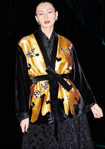 M essential Mackay designer non-jerked velvet tribal totem beaded coat - shut.