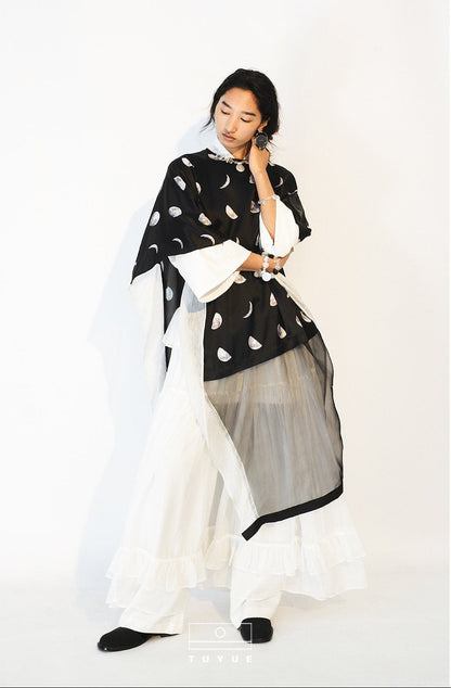 TUYUE Black and White Tulle Long Elegant Ruffled Skirt - TAN.