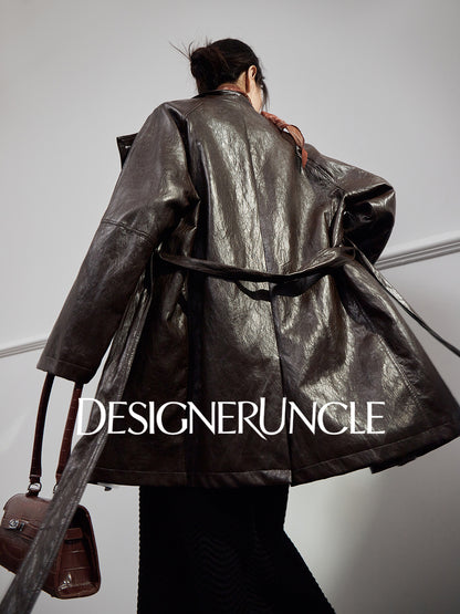 DGU "Obscure Shadow" Flower Coffee Haining Genuine Leather Retro Slimming Top - HEADS.