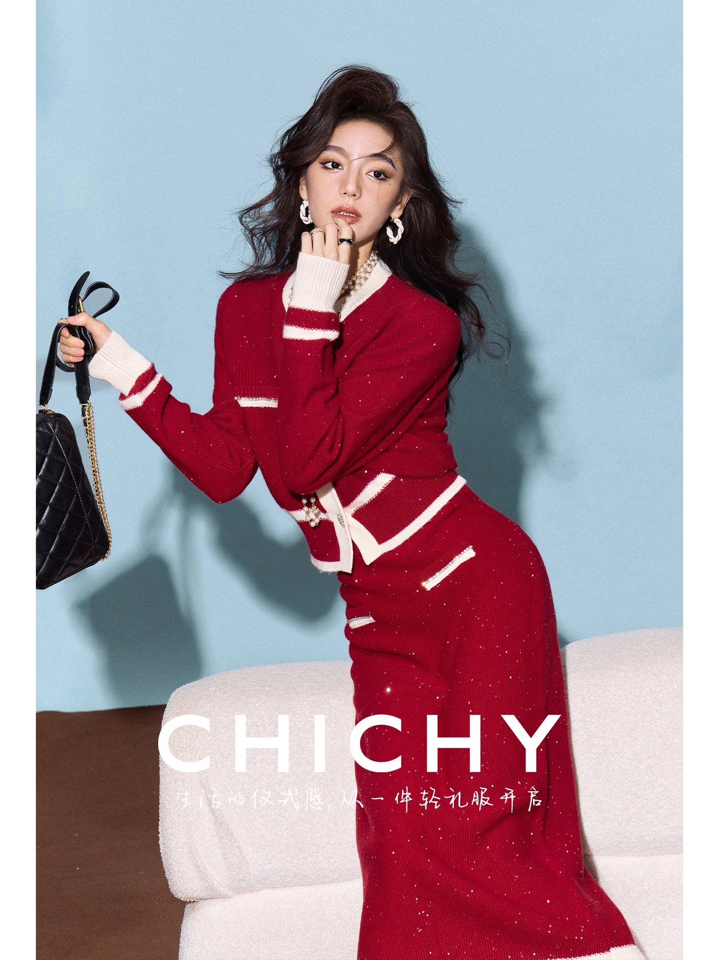 CHICHY classic red knitted cardigan half-length skirt two-piece set-BEN
