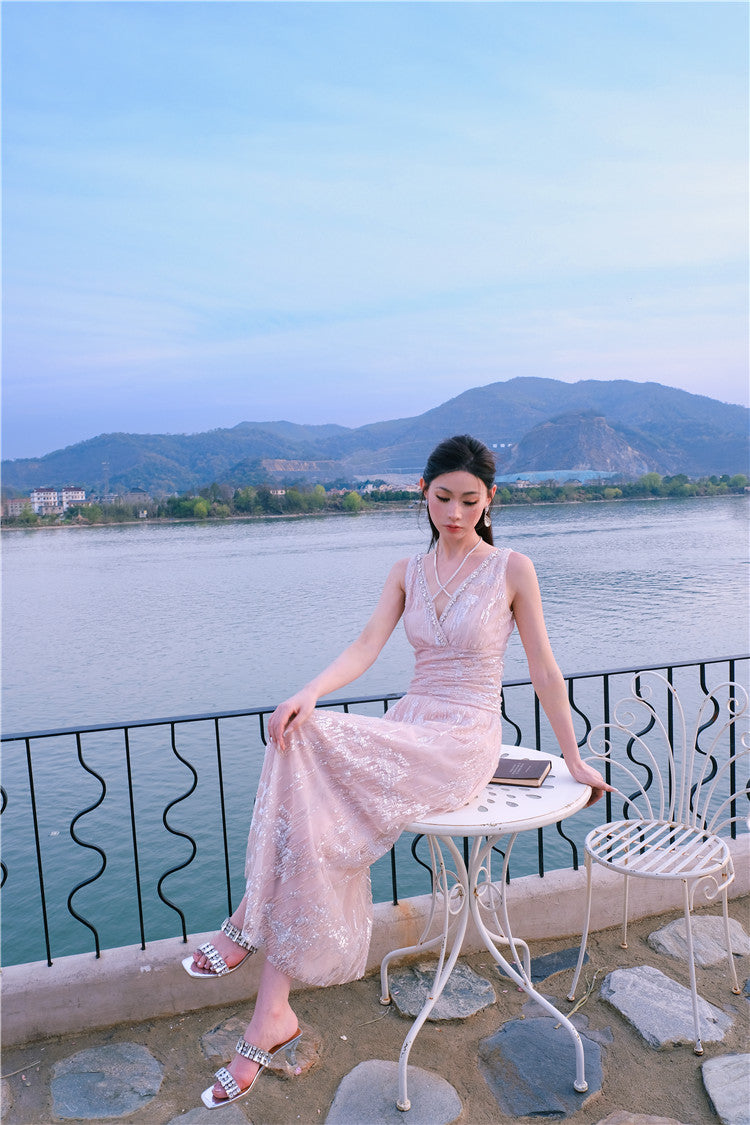 Wardrobes by Chen High End Sleeveless Wrap Embroidered Bead Dress-Sama