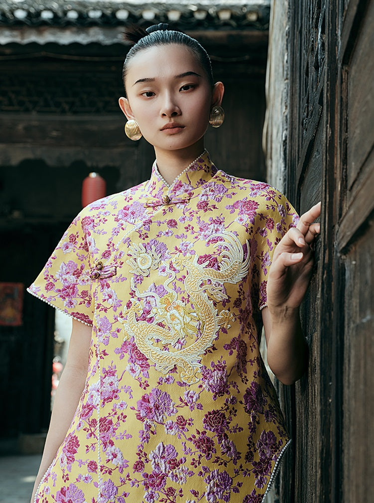 HECO Chinese style golden dragon embroidery short-sleeved placket buttoned shirt - QAND.