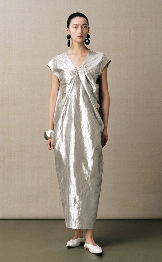 ZHUCHONGYUN silver Chinese silhouette V-neck slimming dress--SAKURA.
