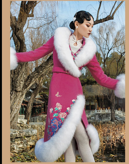Magic Q Stunning rose-red pink heavy embroidered white fox fur double-sided wool coat - Taihu  ( V )