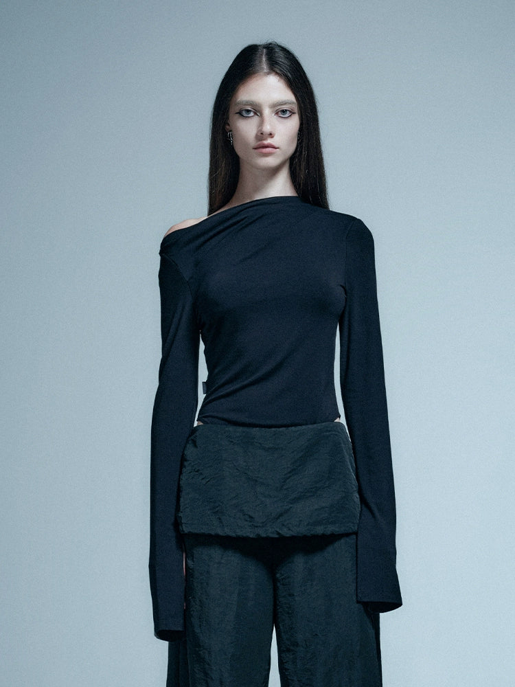 ANNAKIKI Black shoulder pleated slit long sleeve women bodysuit tops-REN