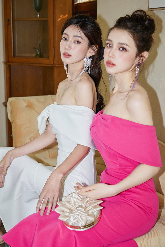 DOLLY High End Off Shoulder Tube Bow Top Body Hug Fish Tail Dinner Dress-IMELDA