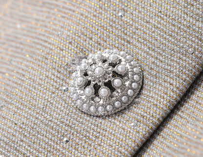 WANGXO | Silver Silk Truncated Shoulder Box Coat & Slip Dress Set -VERA.