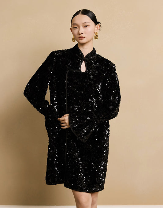 HECO floral sequins embroidery long sleeve short DRESS  - CUTE.