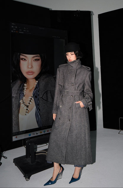 MEI SANGUAN gray double-breasted shoulder pads woolen jacket - KAIA