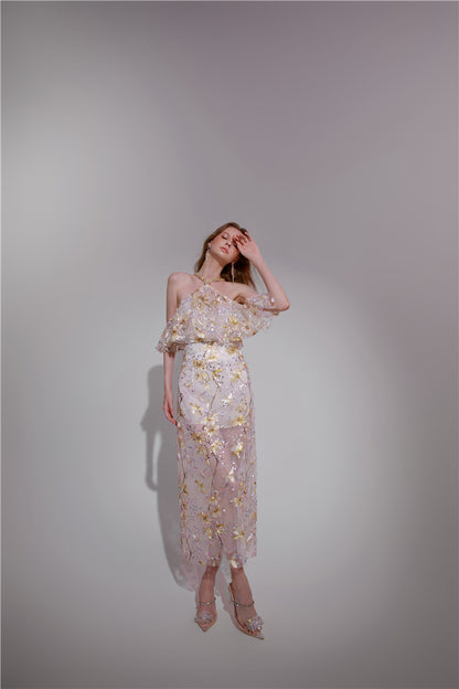 Wardrobes by Chen Elegant wedding guest Halter Sleeveless Lace bridal Dress- Megan