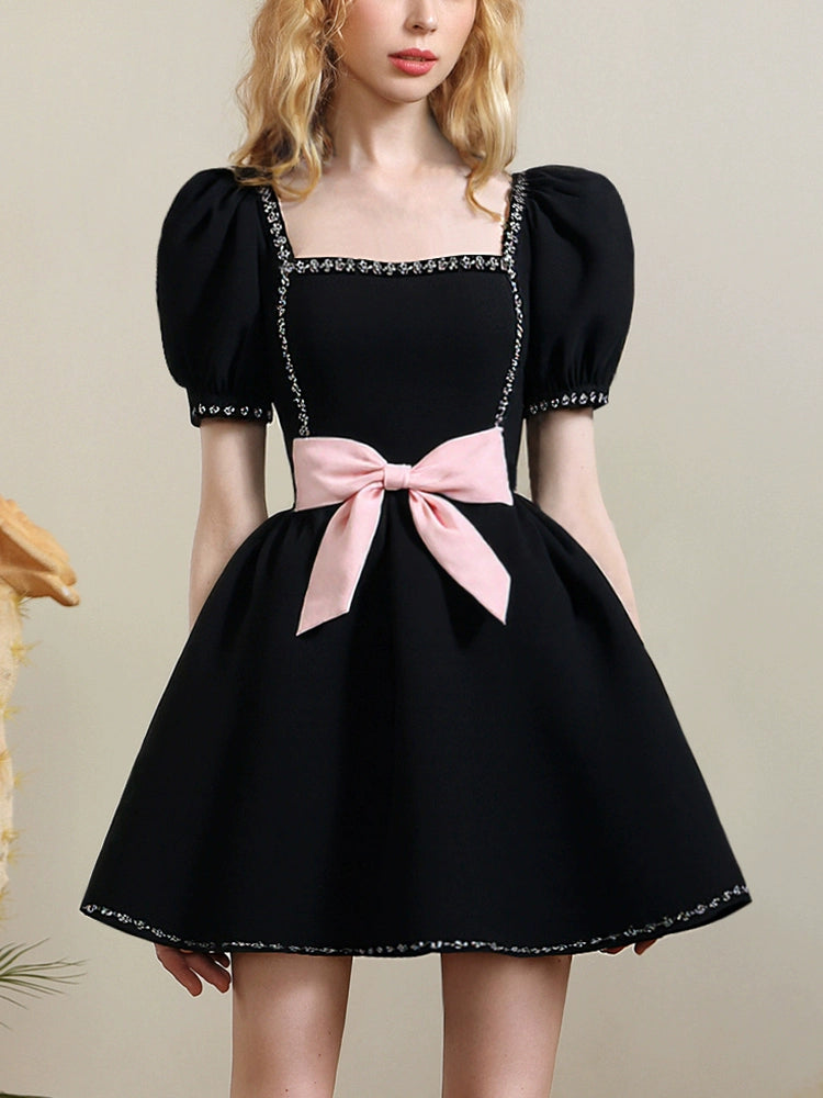 CHECOCRE Chic Puff Sleeve Diamond Chain Waist Puffy Little Black Dress - GENERATE