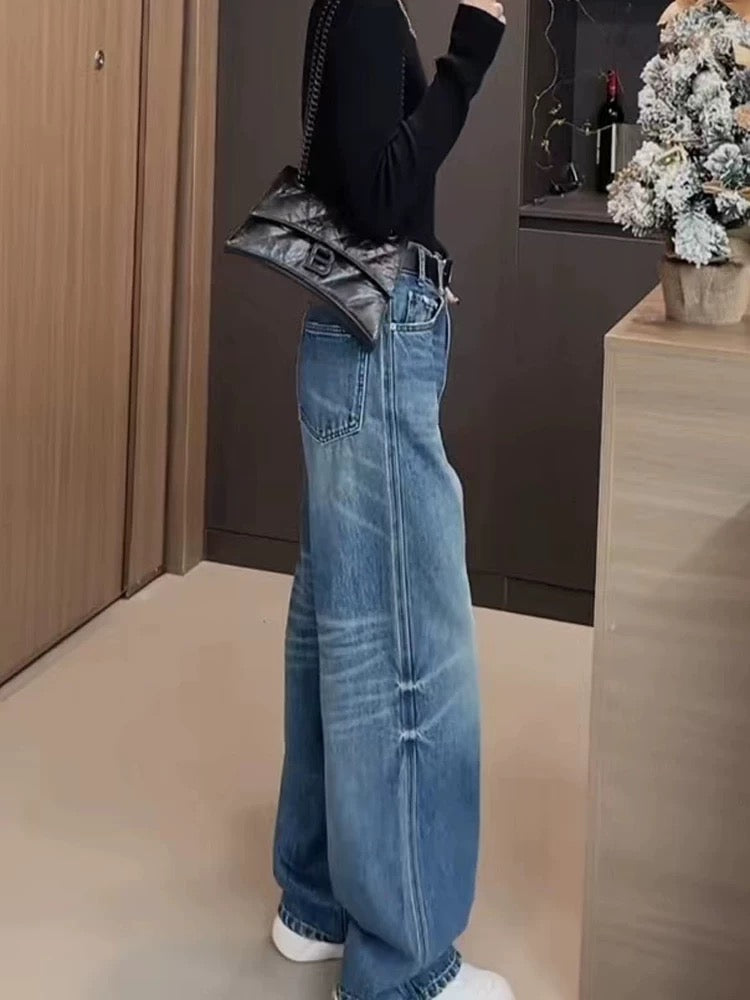 PIAOIN retro  wash jeans women's slim straight pants jeans -CLARA