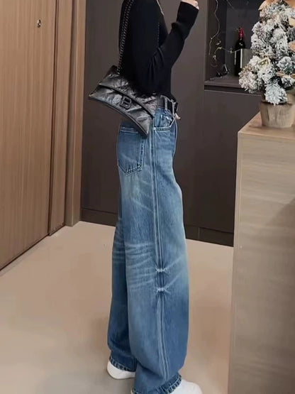 PIAOIN retro  wash jeans women's slim straight pants jeans -CLARA