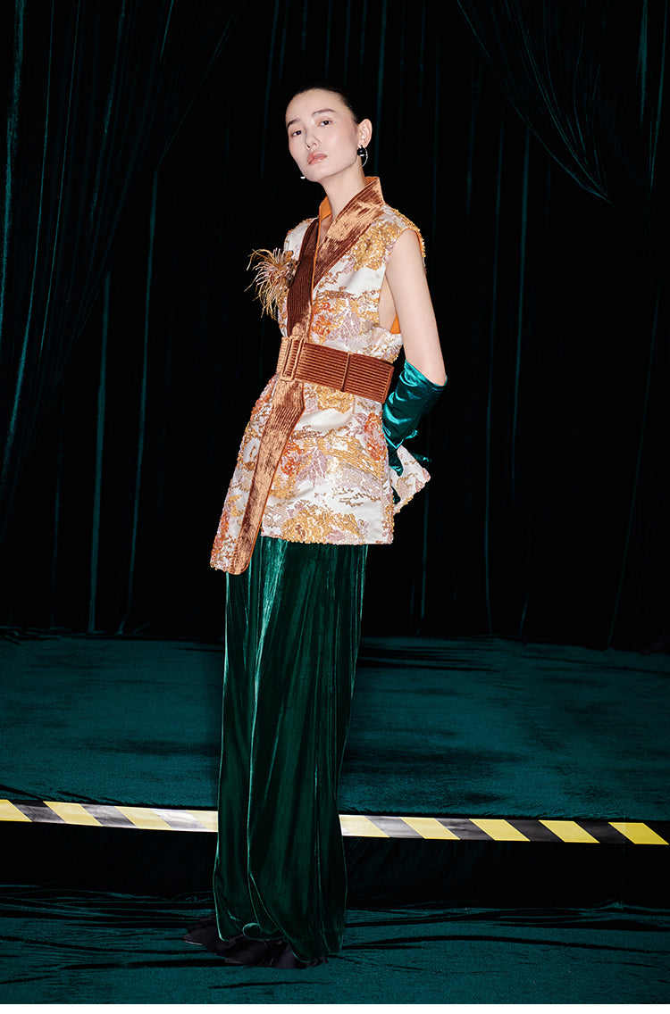 M essential Mackay designer quilted wide belt placket vest pant set- indira