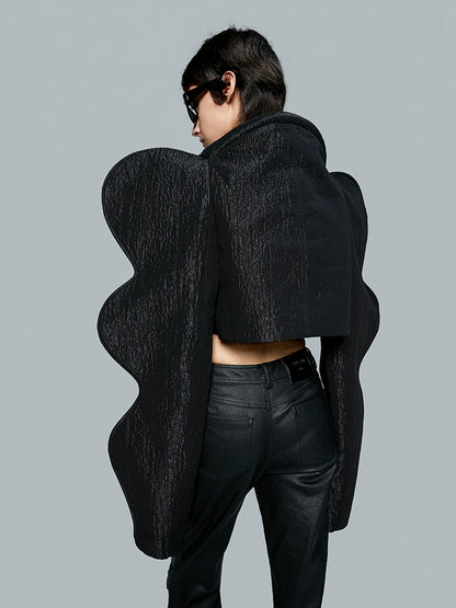 ANNAKIKI model black wavy cotton swab long sleeve short coat for women-MICKEY