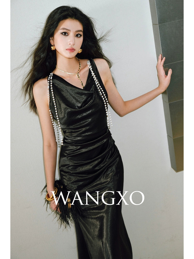 WANGXO |Detachable Pearl Pendant Swing Neck Waist Fishtail Dress -NOYA