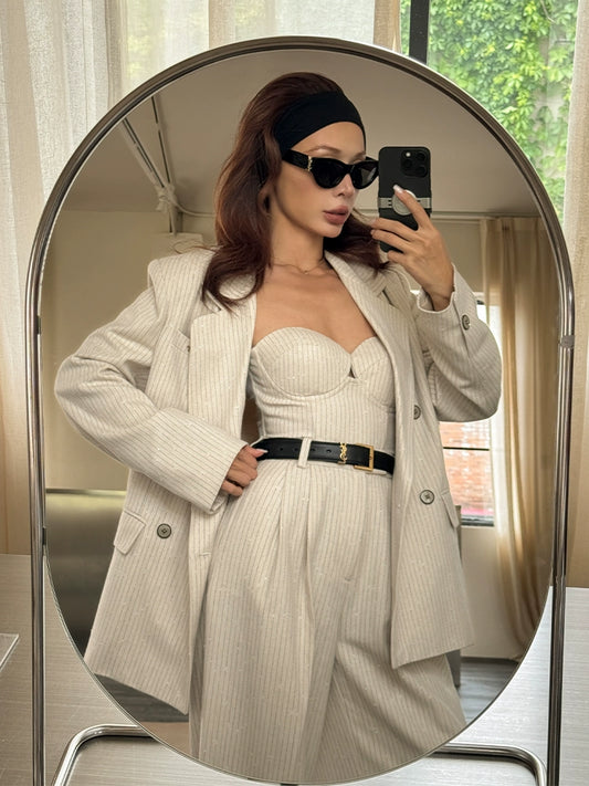 Le Palais Vintage  Striped Textured Silhouette Coat Corset Wide-leg Pants Set-ABS