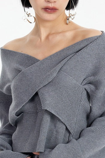 TINY IN cross-twisted gray wool knit women's shoulder sweater-QUE