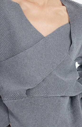 TINY IN cross-twisted gray wool knit women's shoulder sweater-QUE