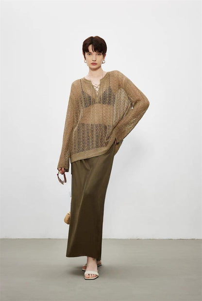 PIAOIN light luxury cut-out lace-up yarn knitted blouse women's loose Tencel jacket -WILLOW