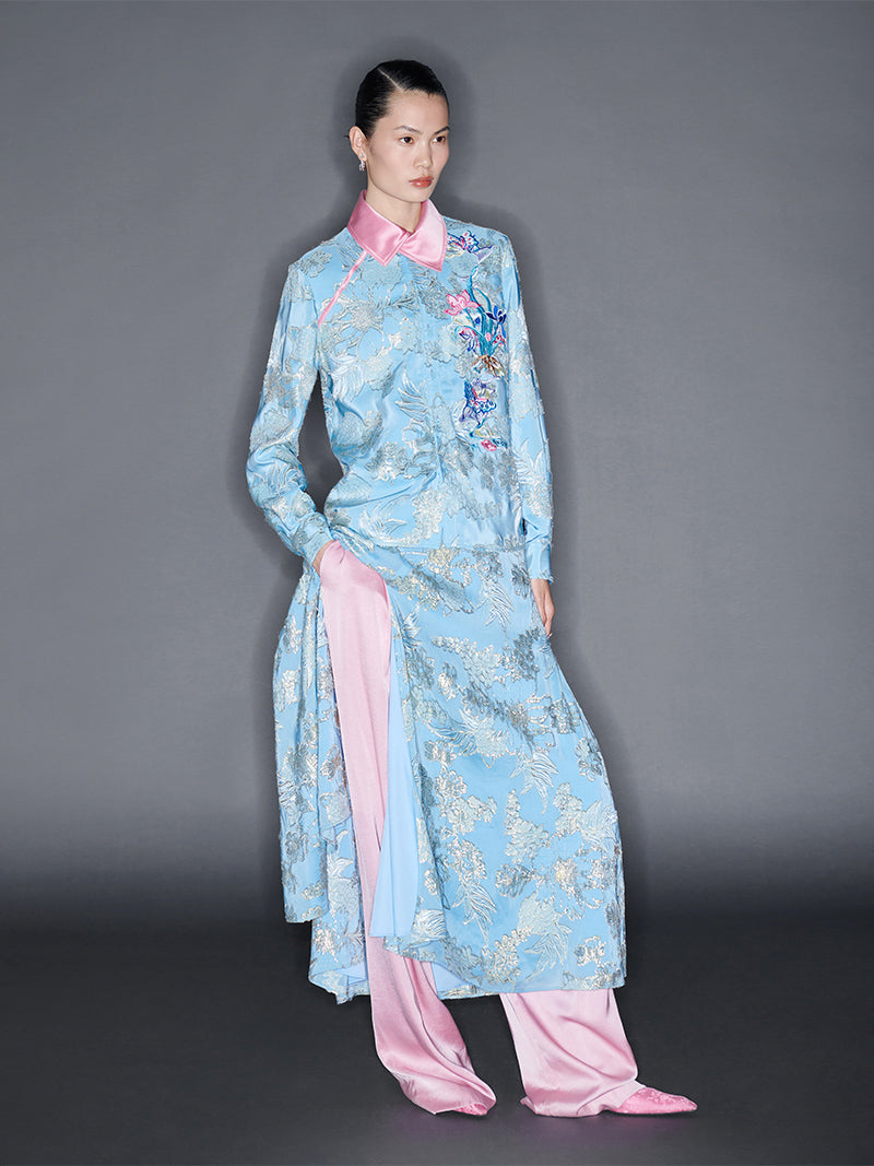 M essential Mackay designer blue pink embroidered contrast lapel shirt pant dress set - halle.
