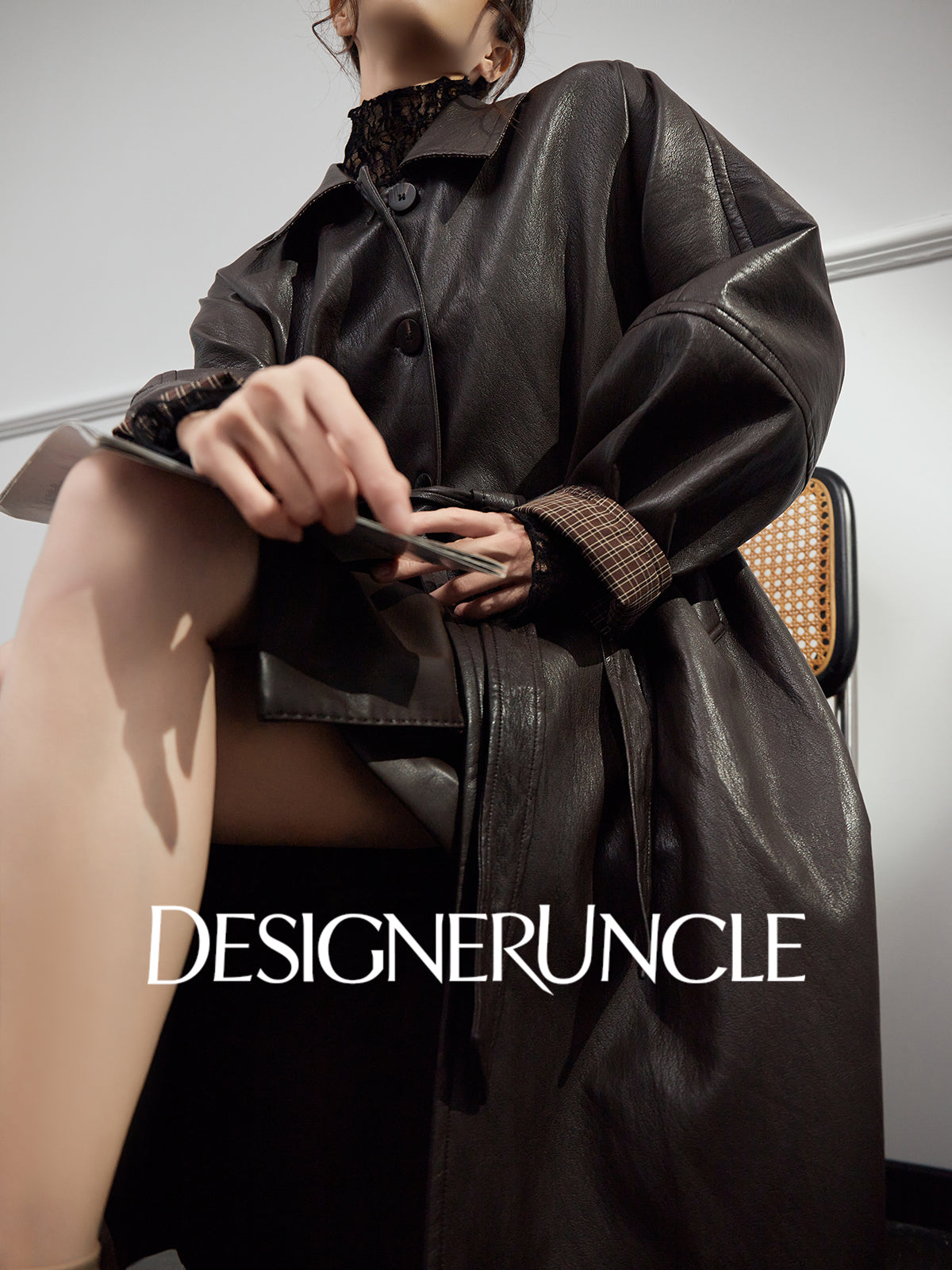 DGU|Tan leather loose slimming high-end mid-length leather jacket - Louisa.