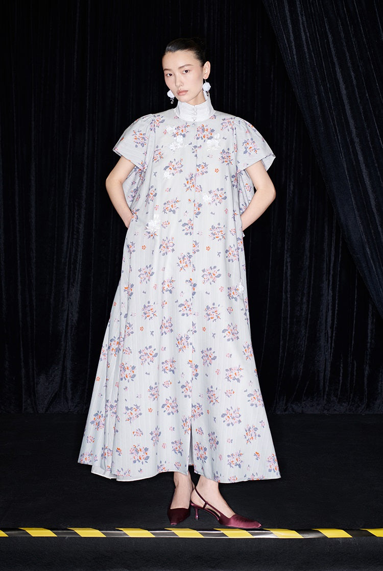 M essential Mackay designer Jinghe Printing floral nail bead puff sleeve dress - HAPPY.