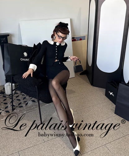 Le Palais Vintage Elegant Black and White Round Neck Cardigan High Waist Pencil Office Skirt-Ivy