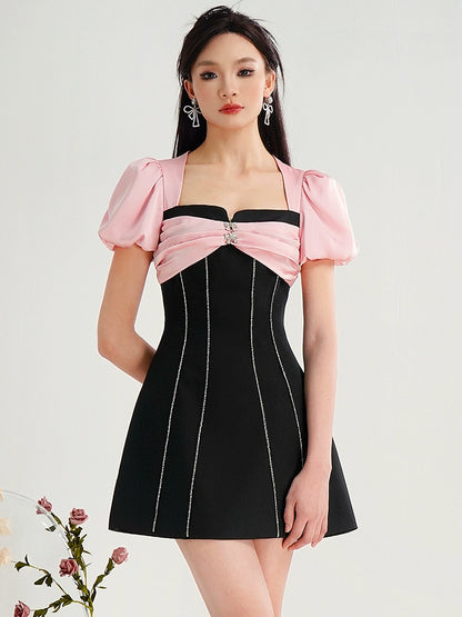 CHECOCRE  Elegant Contrasting Design Fashion Puff Sleeves Neck Slim Black Dress- DARK