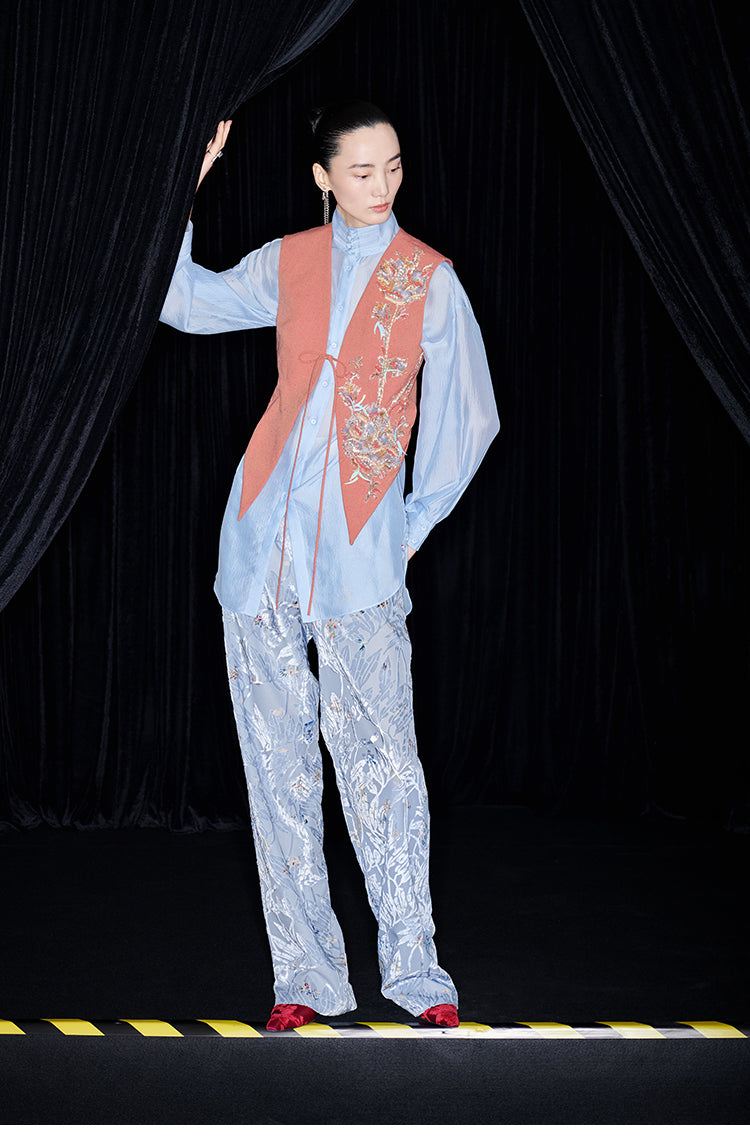 M essential Mackay designer pleated stand-up collar button-down shirt vest pant set - Sunny Hill