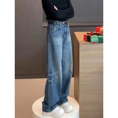 PIAOIN retro  wash jeans women's slim straight pants jeans -CLARA