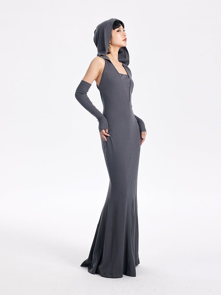 TINY IN sexy hooded backless two-tone fishtail women's dress -ROT