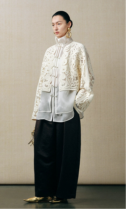 ZHUCHONGYUN white long-sleeve cropped lace-patterned jacket-NIGH.