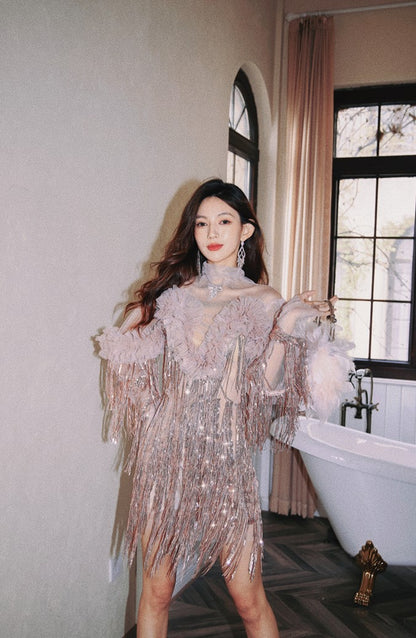 DOLLY High End Retro Style Glitter Tassel Sequin Midi Birthday Dress-KHLOE