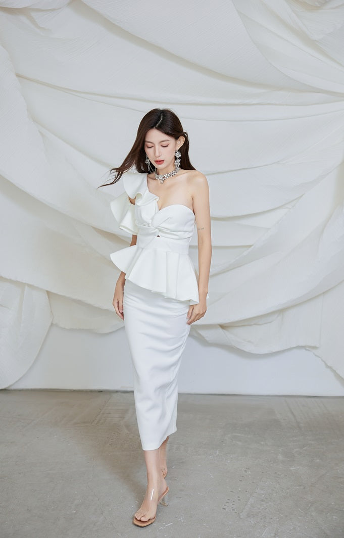 DOLLY Elegant French Style Off Shoulder Ruffle Short Top+ High Waist Skirt-LOIS