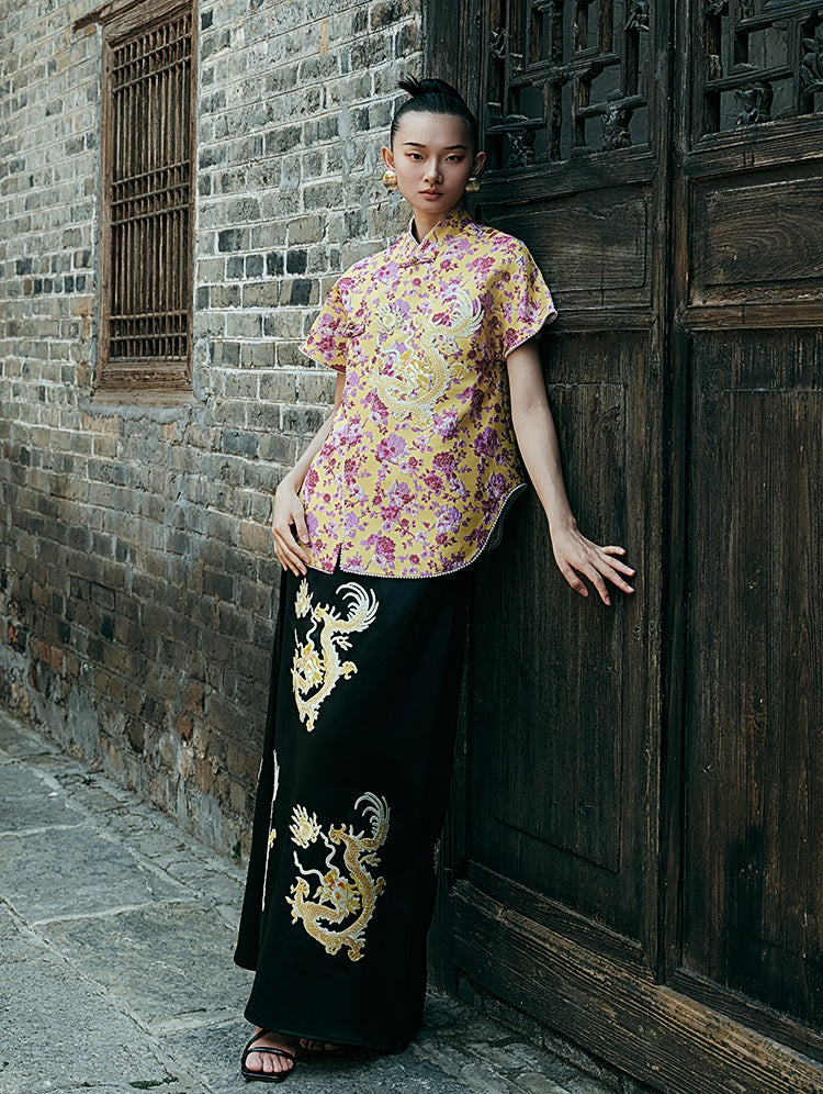 HECO Chinese Embroidery Golden Dragon Acetate Skirt - ALPHA.