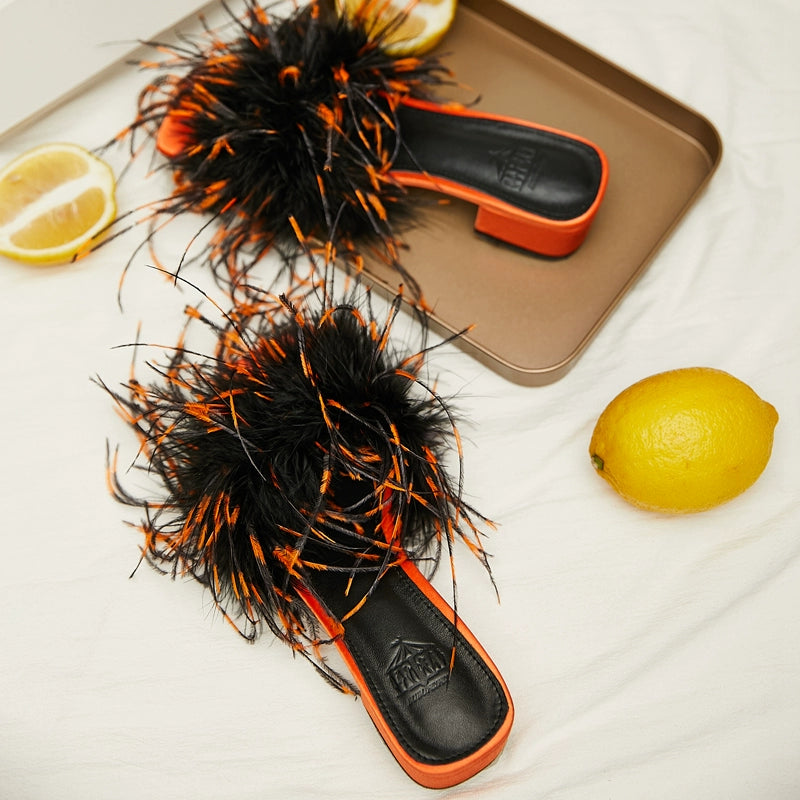 B-FEI feather slippers mid-heel color-blocked women's sandals-UCHIS.